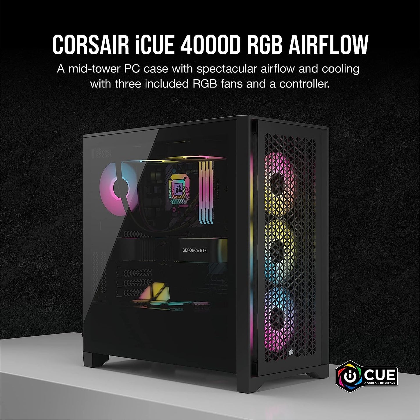 Corsair iCUE 4000D RGB Airflow Mid-Tower Case - 3X AF120 RGB Elite Fans - iCUE Lighting Node PRO Controller - High-Airflow Design - CORSAIR Rapid Route Cable Management System