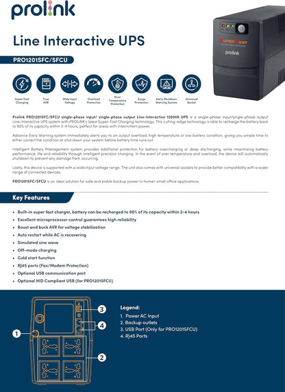 PROLINK PRO1201SFC Super-Fast Charging Line Interactive UPS 1200VA with AVR