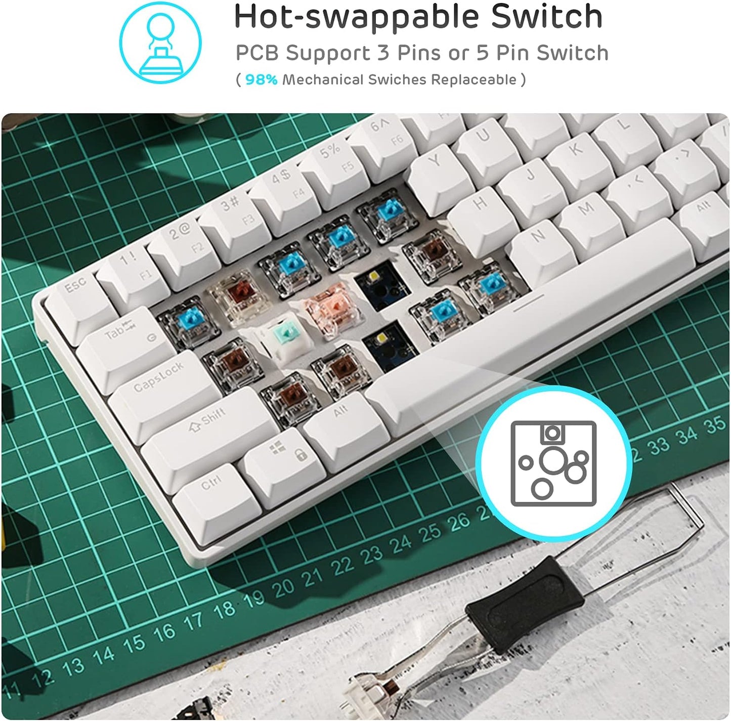 Royal Kludge RK68 White, Wireless, RGB, Mechanical Keyboard Gateron - Blue Switch
