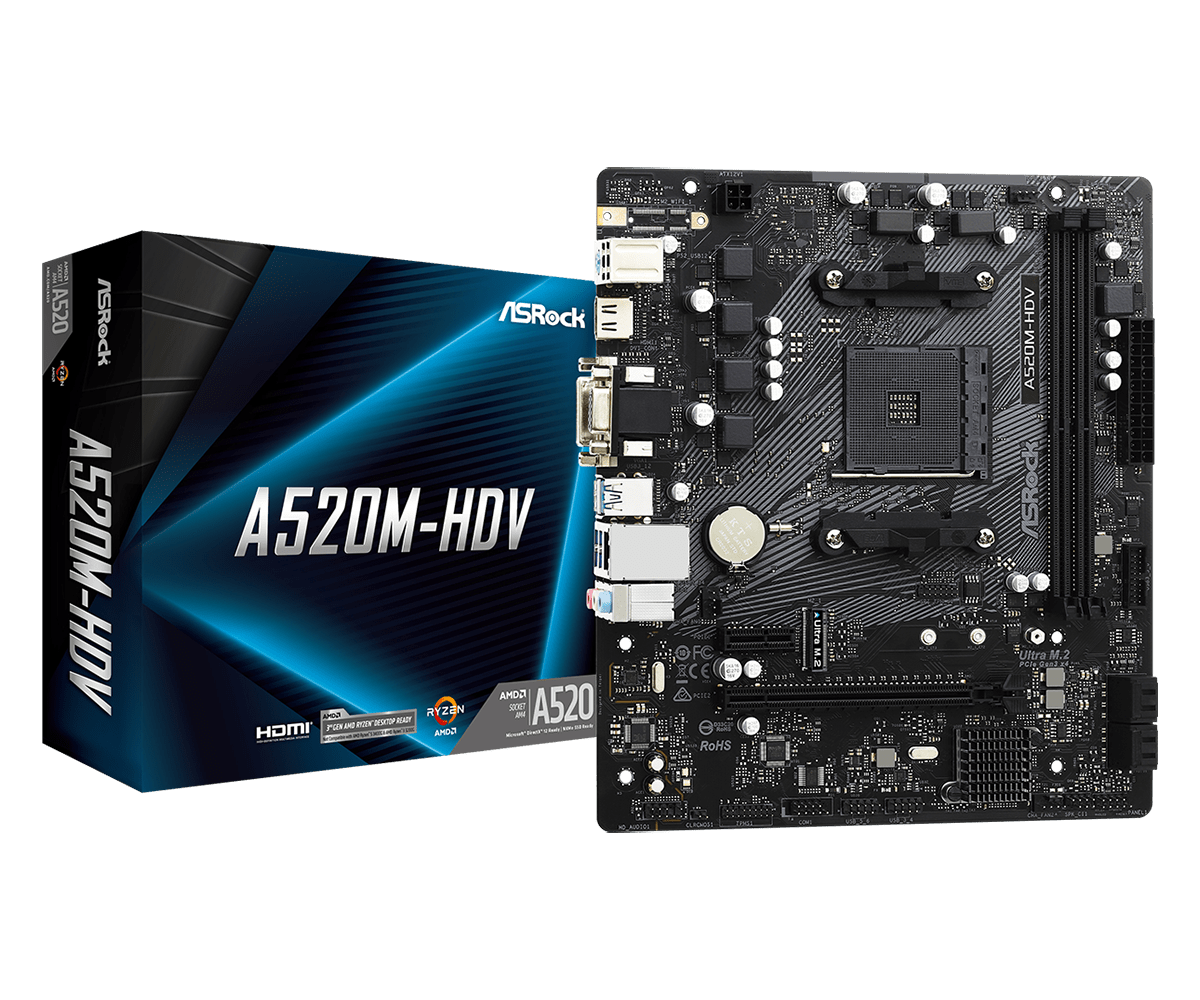 ASRock A520M-HDV Supports AMD AM4 Socket Ryzen™ 3000, 4000 G-Series and 5000 and 5000 G-Series Desktop Processors*