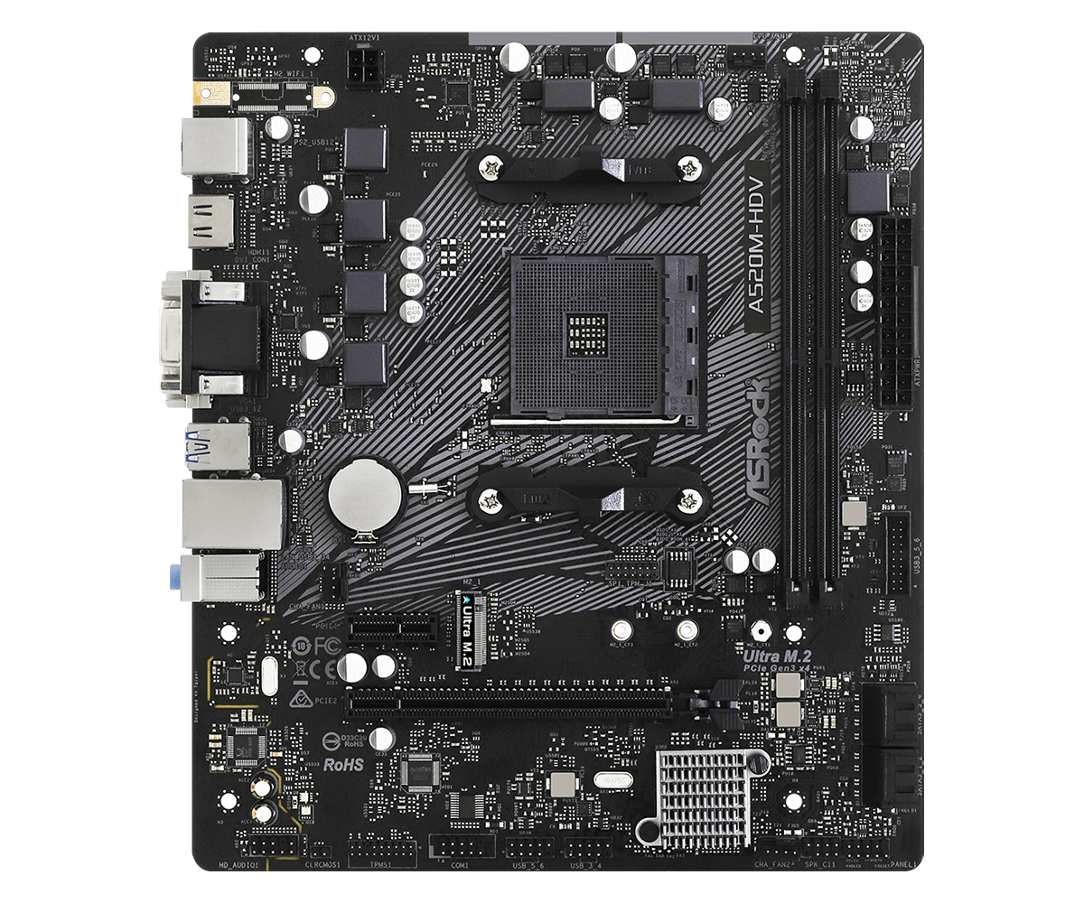 ASRock A520M-HDV Supports AMD AM4 Socket Ryzen™ 3000, 4000 G-Series and 5000 and 5000 G-Series Desktop Processors*