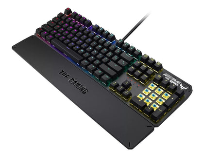 ASUS ASUS TUF Gaming K3 RGB mechanical keyboard with N-key rollover, combination media keys, USB 2.0 passthrough, aluminum-alloy top cover, wrist rest, eight programmable macro keys and Aura Sync lighting