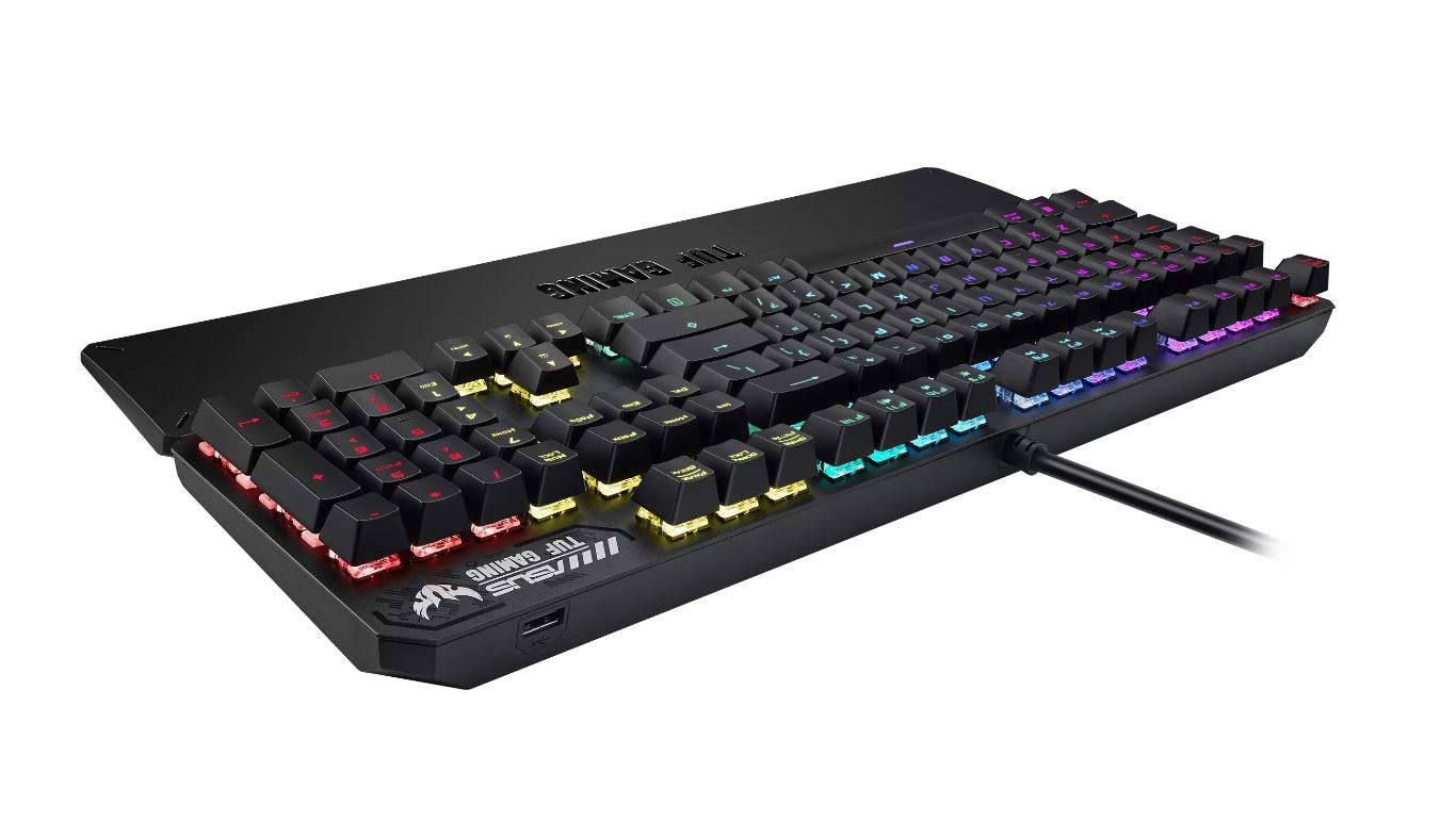 ASUS ASUS TUF Gaming K3 RGB mechanical keyboard with N-key rollover, combination media keys, USB 2.0 passthrough, aluminum-alloy top cover, wrist rest, eight programmable macro keys and Aura Sync lighting