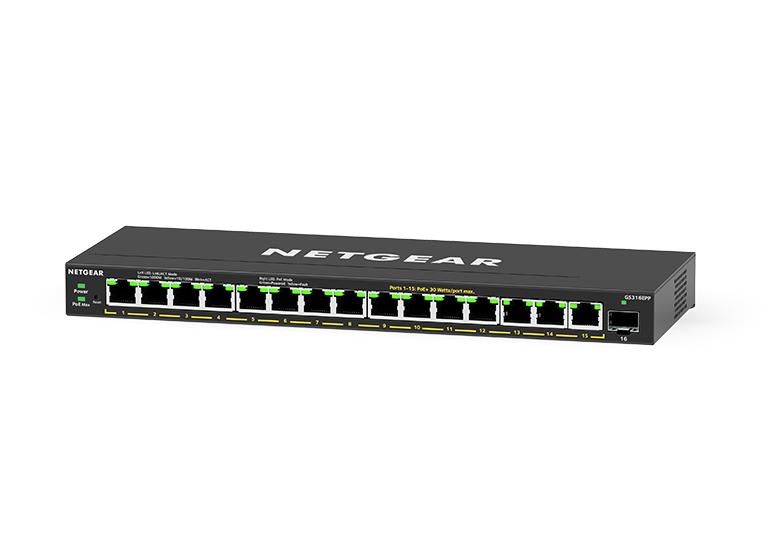 NETGEAR 16-Port PoE+ Gigabit Ethernet Plus Switch (180W) with 1 SFP Port (GS316EP-100PES)