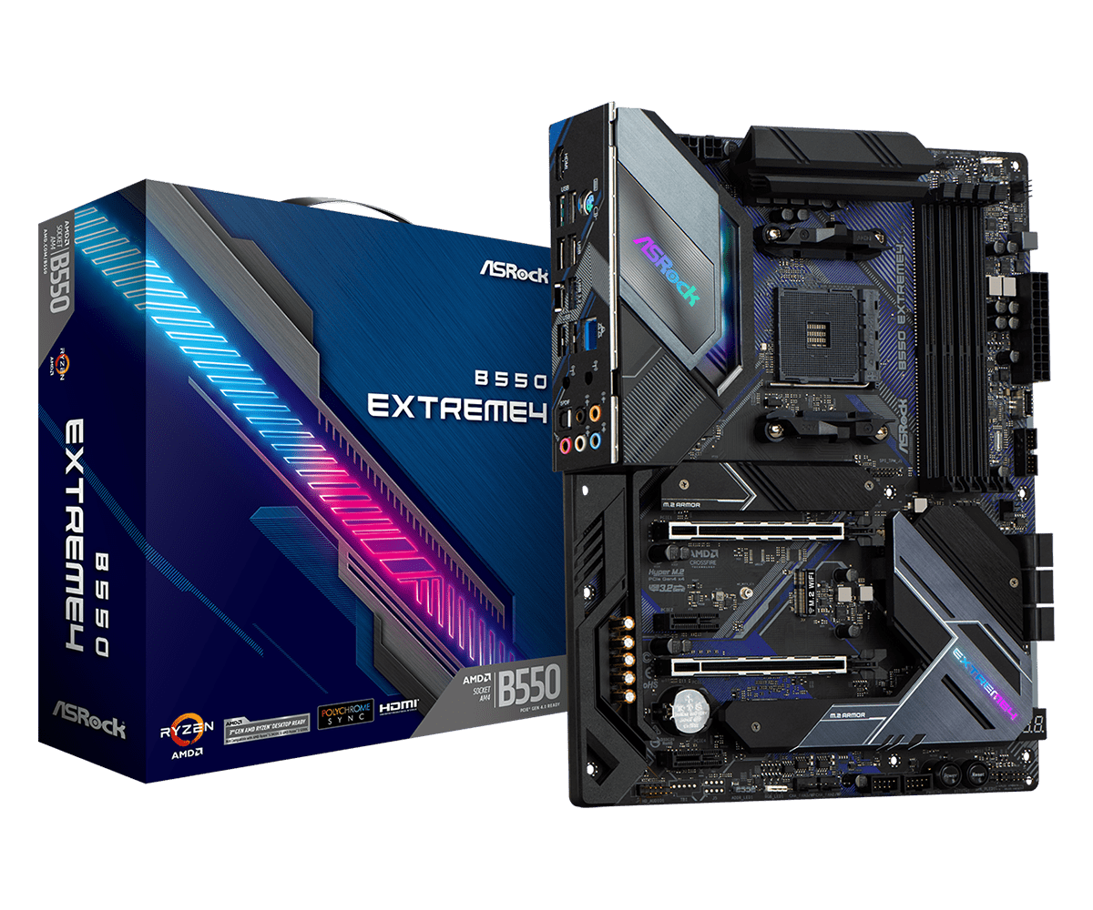 ASRock B550 Extreme 4 Supports AMD AM4 Socket Ryzen™ 3000, 3000 G-Series, 4000 G-Series, 5000 and 5000 G-Series Desktop Processors