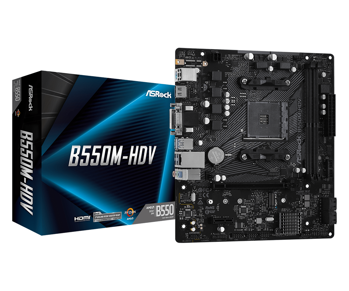 ASRock B550M-HDV  Supports AMD AM4 Socket Ryzen™ 3000, 3000 G-Series, 4000 G-Series, 5000 and 5000 G-Series Desktop Processors*