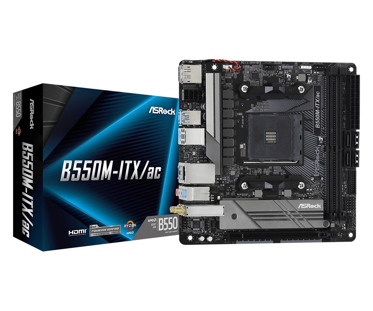 ASRock B550M-ITX/ac Supports AMD AM4 Socket Ryzen™ 3000, 3000 G-Series, 4000 G-Series, 5000 and 5000 G-Series Desktop Processors* and DDR4 4733+ (OC)