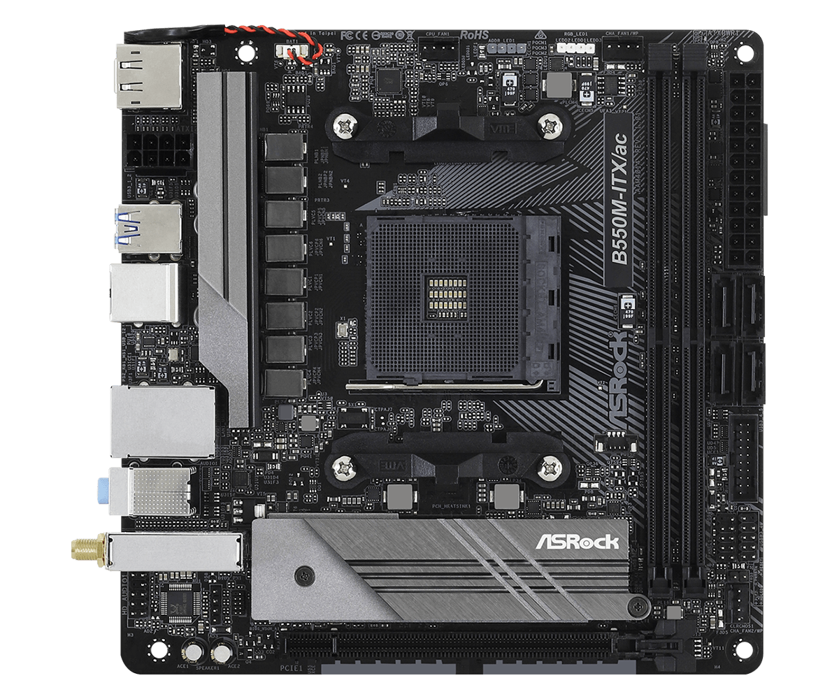 ASRock B550M-ITX/ac Supports AMD AM4 Socket Ryzen™ 3000, 3000 G-Series, 4000 G-Series, 5000 and 5000 G-Series Desktop Processors* and DDR4 4733+ (OC)