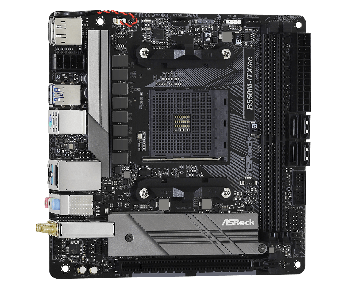 ASRock B550M-ITX/ac Supports AMD AM4 Socket Ryzen™ 3000, 3000 G-Series, 4000 G-Series, 5000 and 5000 G-Series Desktop Processors* and DDR4 4733+ (OC)