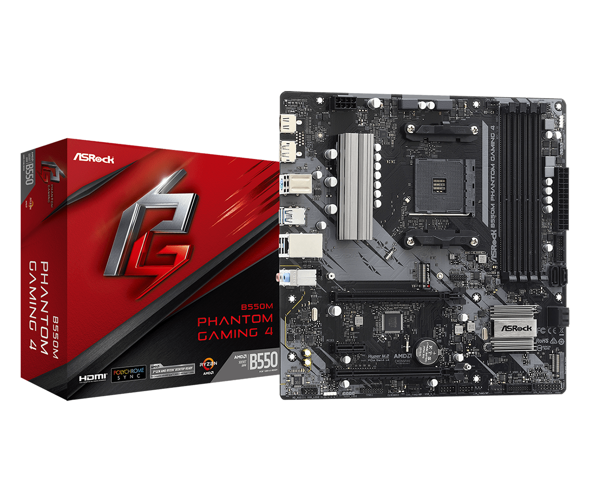 ASRock B550M Phantom Gaming 4 Supports AMD AM4 Socket Ryzen™ 3000, 3000 G-Series, 4000 G-Series, 5000 and 5000 G-Series Desktop Processors