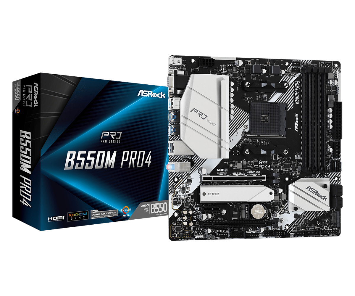 ASRock B550M Pro4 upports AMD AM4 Socket Ryzen™ 3000, 3000 G-Series, 4000 G-Series, 5000 and 5000 G-Series Desktop Processors*