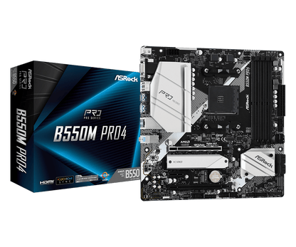 ASRock B550M Pro4 upports AMD AM4 Socket Ryzen™ 3000, 3000 G-Series, 4000 G-Series, 5000 and 5000 G-Series Desktop Processors*