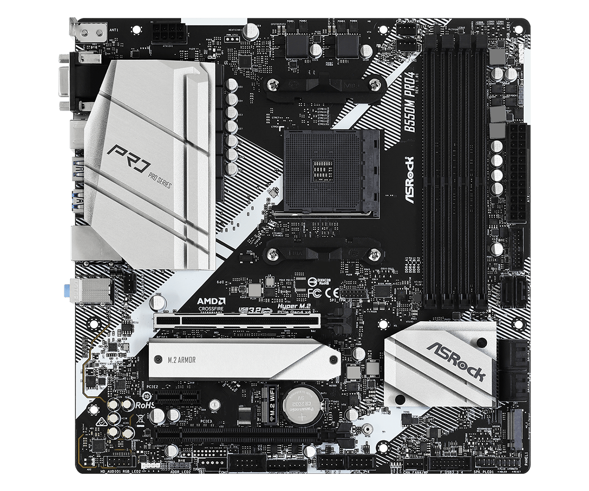 ASRock B550M Pro4 upports AMD AM4 Socket Ryzen™ 3000, 3000 G-Series, 4000 G-Series, 5000 and 5000 G-Series Desktop Processors*