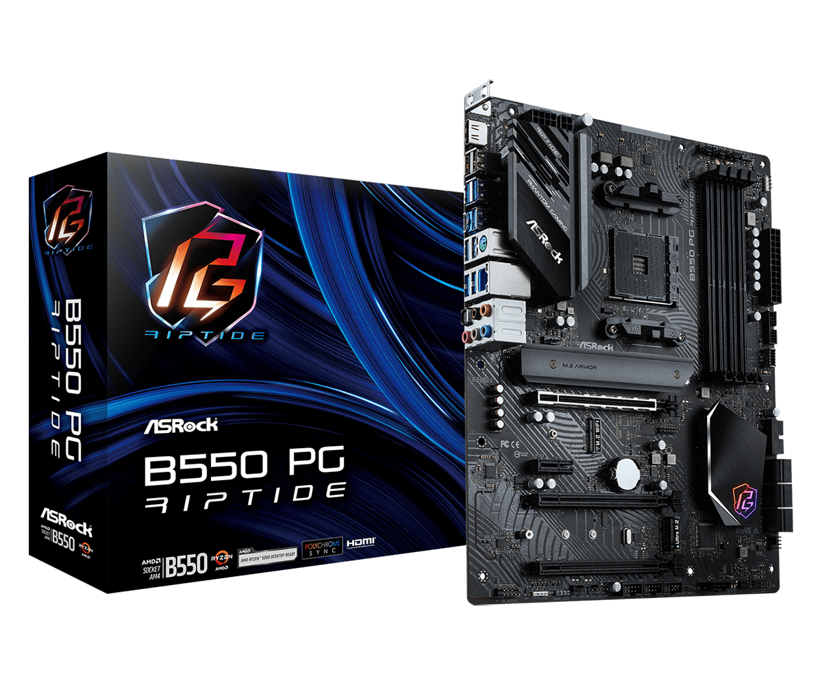 ASRock B550 Phantom Gaming Riptide Supports AMD AM4 Socket Ryzen™ 3000, 3000 G-Series, 4000 G-Series, 5000 and 5000 G-Series Desktop Processors