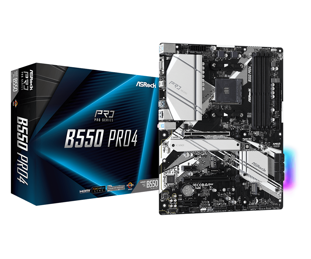 ASRock B550 Pro4 Supports AMD AM4 Socket Ryzen™ 3000, 3000 G-Series, 4000 G-Series, 5000 and 5000 G-Series Desktop Processors