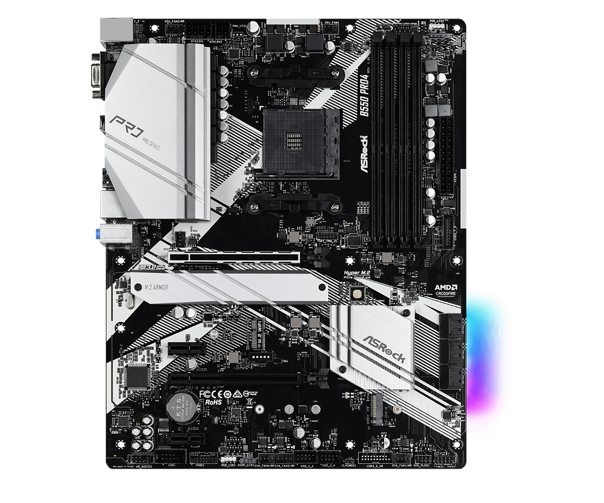 ASRock B550 Pro4 Supports AMD AM4 Socket Ryzen™ 3000, 3000 G-Series, 4000 G-Series, 5000 and 5000 G-Series Desktop Processors