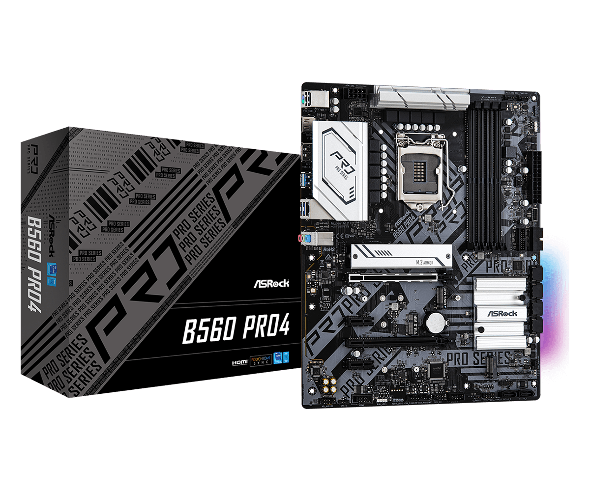 ASRock B560 Pro4 Supports 10th Gen Intel® Core™ Processors and 11th Gen Intel® Core™ Processors, Supports DDR4 4800MHz (OC)