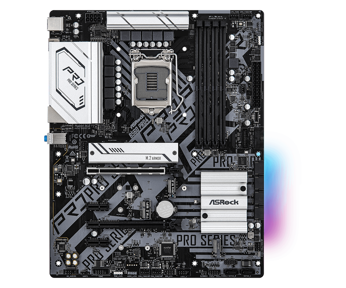 ASRock B560 Pro4 Supports 10th Gen Intel® Core™ Processors and 11th Gen Intel® Core™ Processors, Supports DDR4 4800MHz (OC)