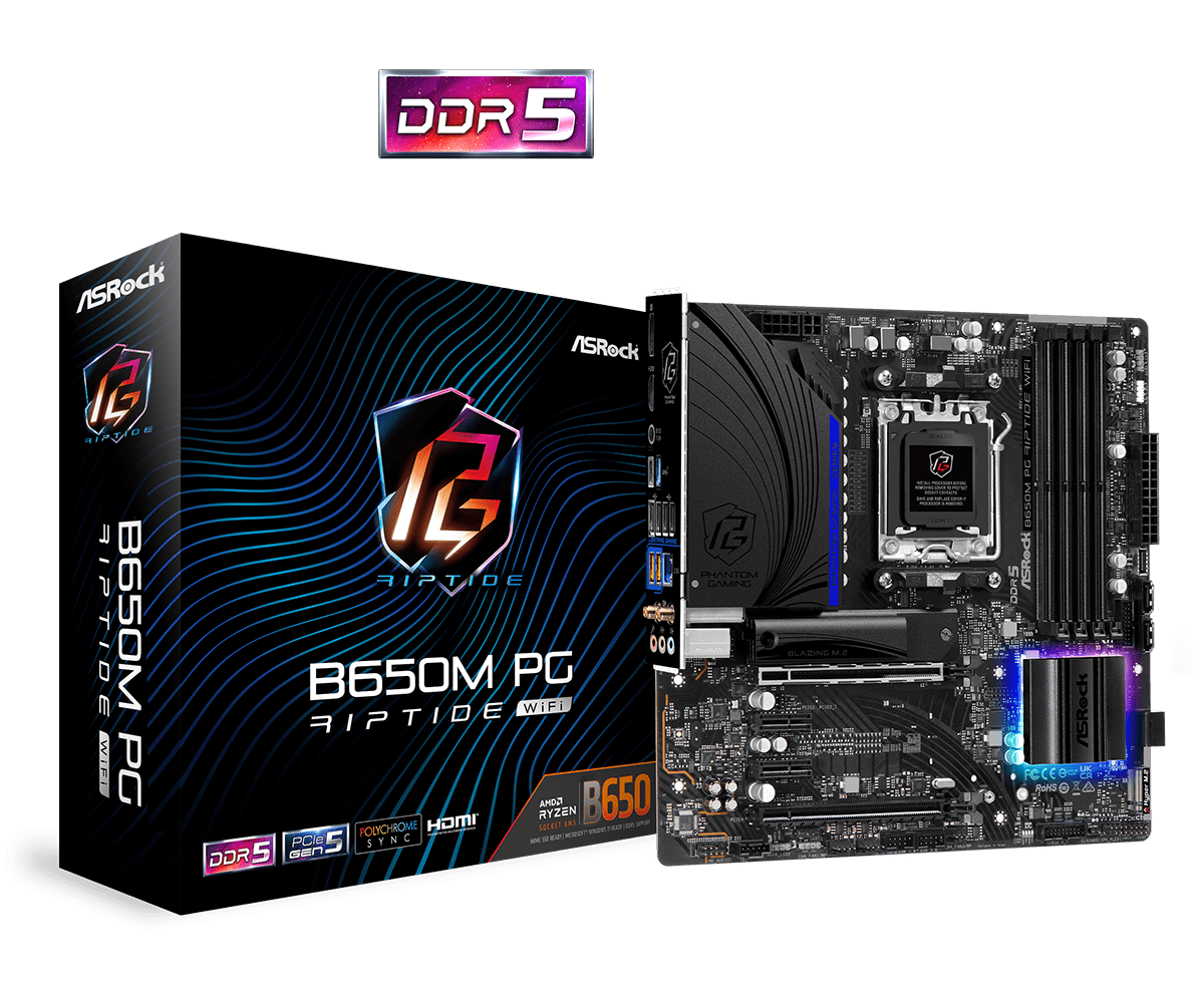 ASRock B650M PG Riptide WiFi Supports DDR5 6200MHz, (OC) 2 PCIe 4.0 x16, 2 PCIe 3.0 x1