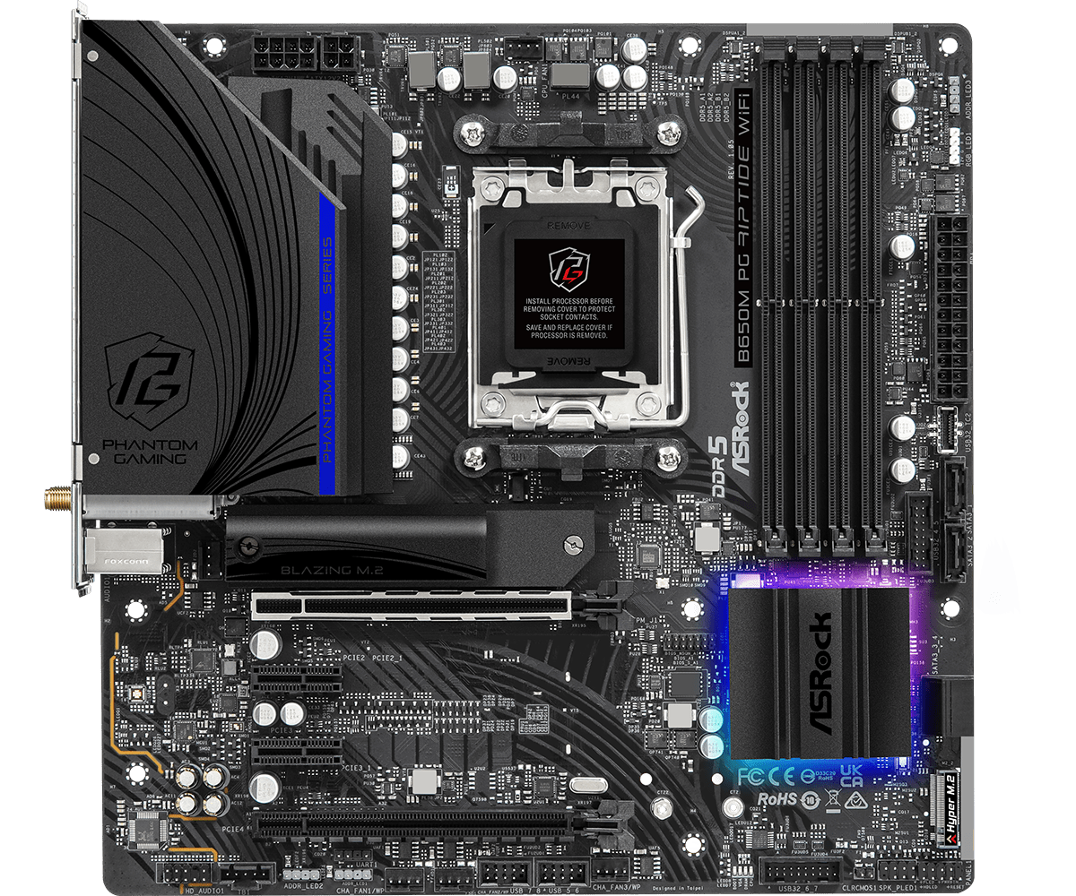 ASRock B650M PG Riptide WiFi Supports DDR5 6200MHz, (OC) 2 PCIe 4.0 x16, 2 PCIe 3.0 x1