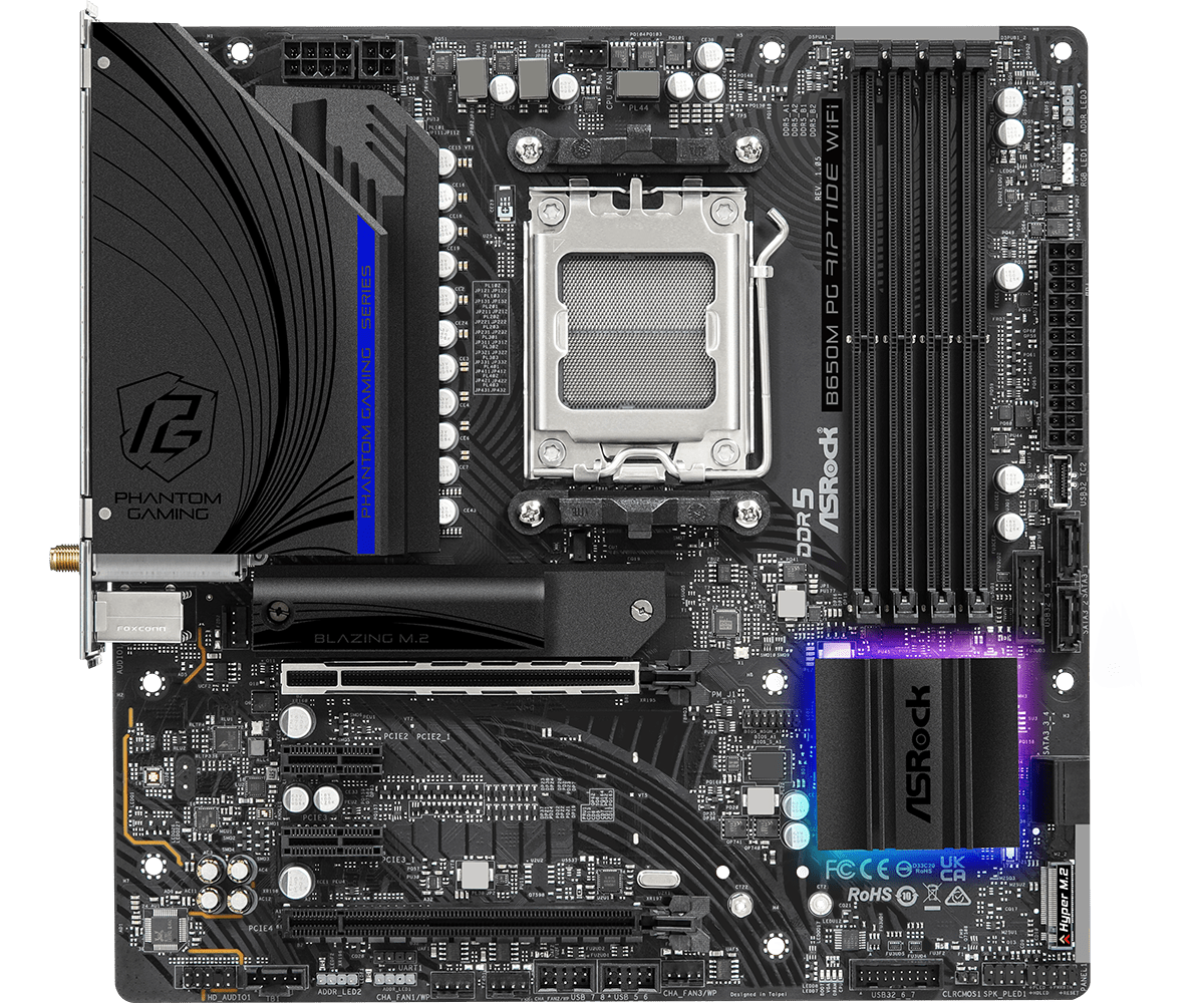 ASRock B650M PG Riptide WiFi Supports DDR5 6200MHz, (OC) 2 PCIe 4.0 x16, 2 PCIe 3.0 x1