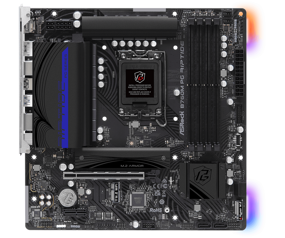 ASRock B760M PG Riptide Supports 13th Gen & 12th Gen and next gen Intel® Core™ Processors (LGA1700) and  DDR5 7200MHz (OC)