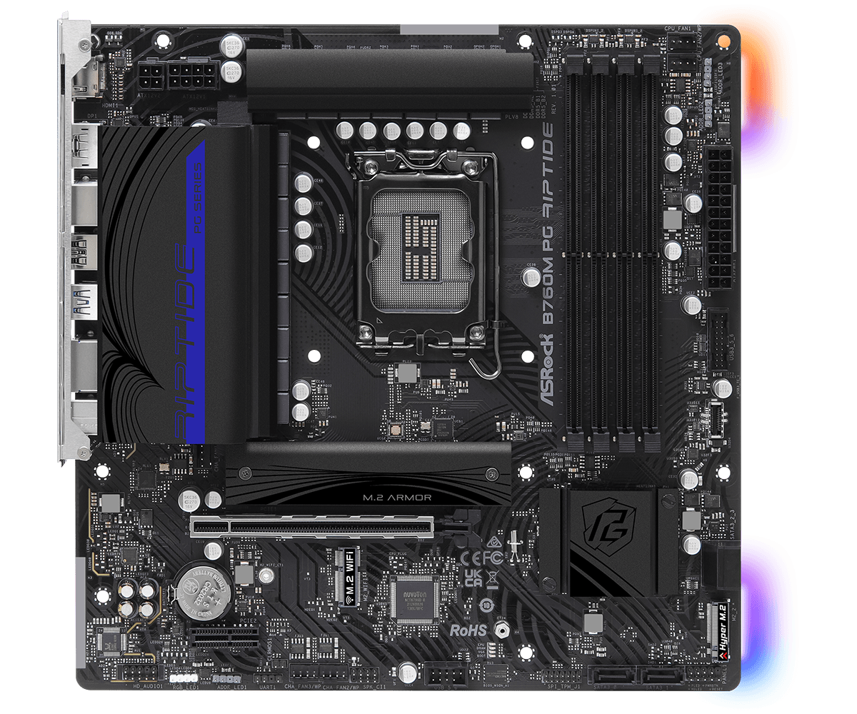 ASRock B760M PG Riptide Supports 13th Gen & 12th Gen and next gen Intel® Core™ Processors (LGA1700) and  DDR5 7200MHz (OC)