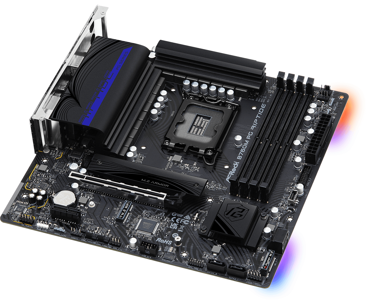 ASRock B760M PG Riptide Supports 13th Gen & 12th Gen and next gen Intel® Core™ Processors (LGA1700) and  DDR5 7200MHz (OC)