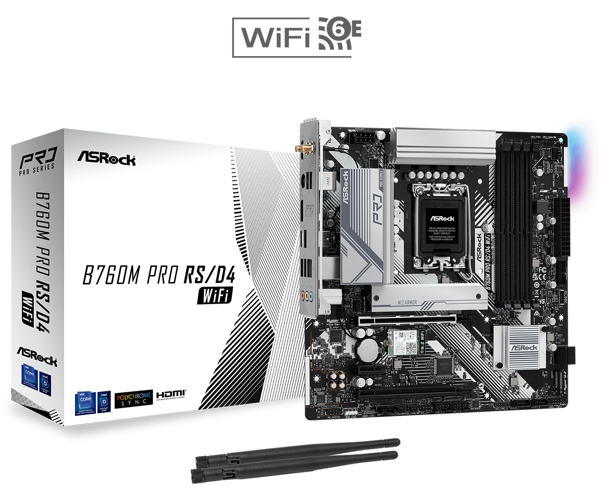 ASRock B760M Pro RS/D4 WiFi Supports 13th Gen & 12th Gen and next gen Intel® Core™ Processors (LGA1700),7+1+1 Power Phase, Dr.MOS for VCore+GT