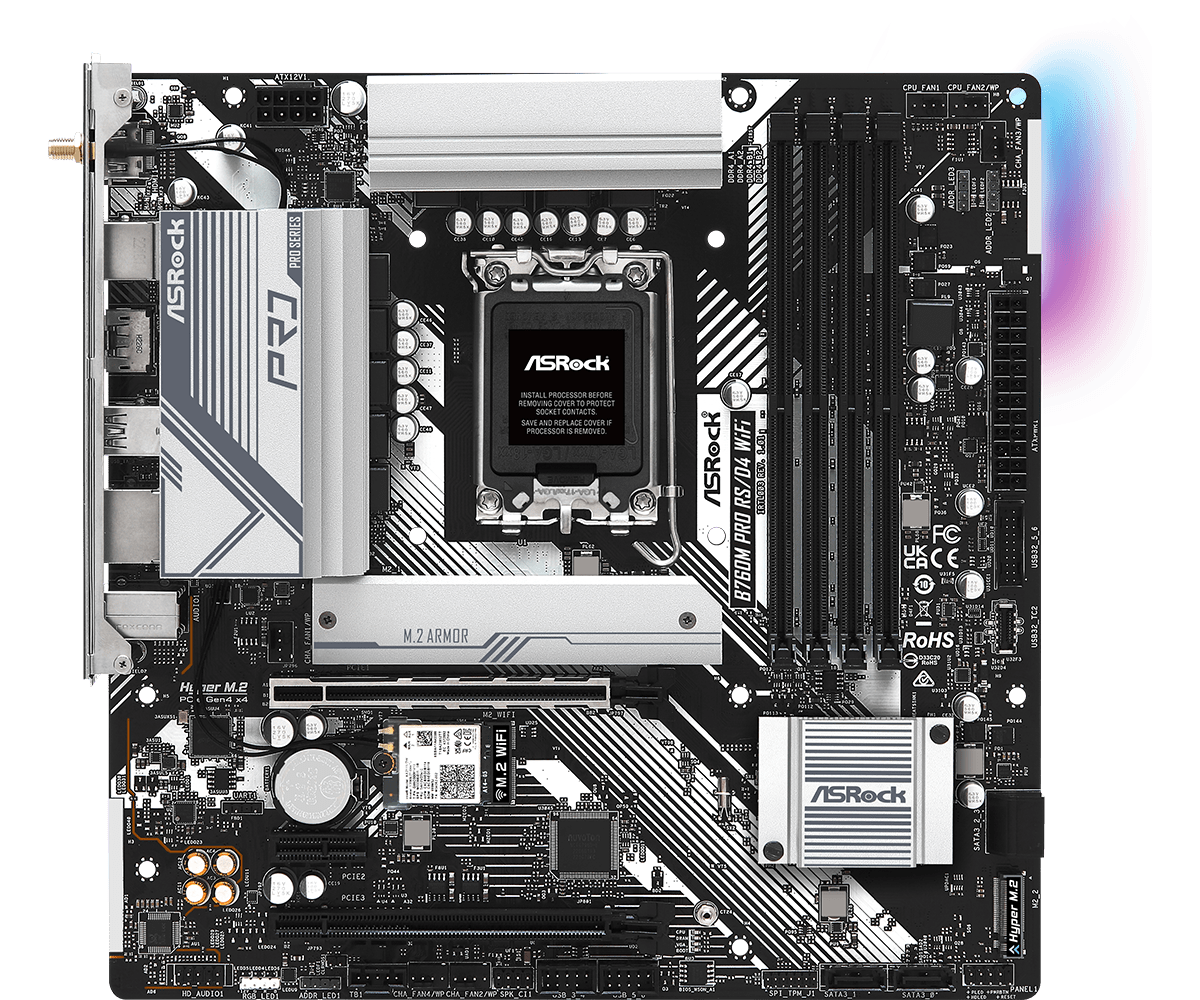 ASRock B760M Pro RS/D4 WiFi Supports 13th Gen & 12th Gen and next gen Intel® Core™ Processors (LGA1700),7+1+1 Power Phase, Dr.MOS for VCore+GT