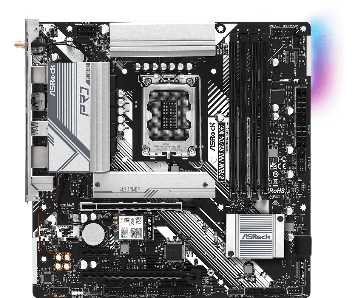 ASRock B760M Pro RS/D4 WiFi Supports 13th Gen & 12th Gen and next gen Intel® Core™ Processors (LGA1700),7+1+1 Power Phase, Dr.MOS for VCore+GT