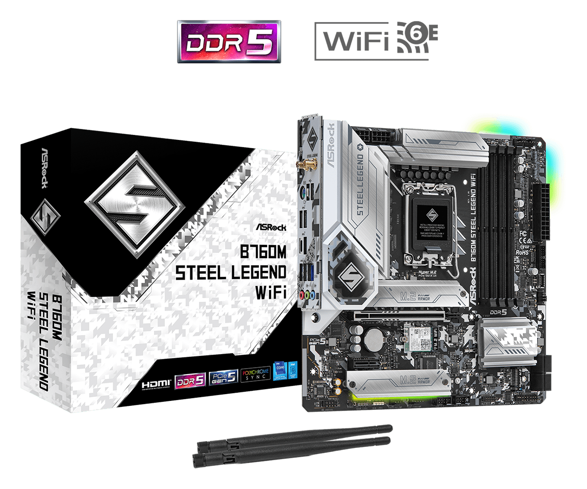 ASRock B760M Steel Legend WiFi Supports 13th Gen & 12th Gen and next gen Intel® Core™ Processors (LGA1700) and Supports DDR5 7200MHz (OC)