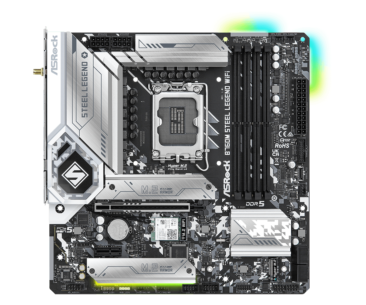 ASRock B760M Steel Legend WiFi Supports 13th Gen & 12th Gen and next gen Intel® Core™ Processors (LGA1700) and Supports DDR5 7200MHz (OC)