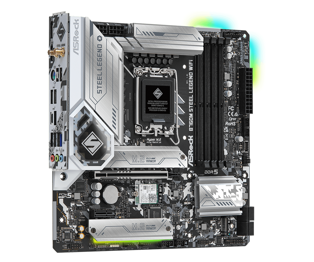 ASRock B760M Steel Legend WiFi Supports 13th Gen & 12th Gen and next gen Intel® Core™ Processors (LGA1700) and Supports DDR5 7200MHz (OC)