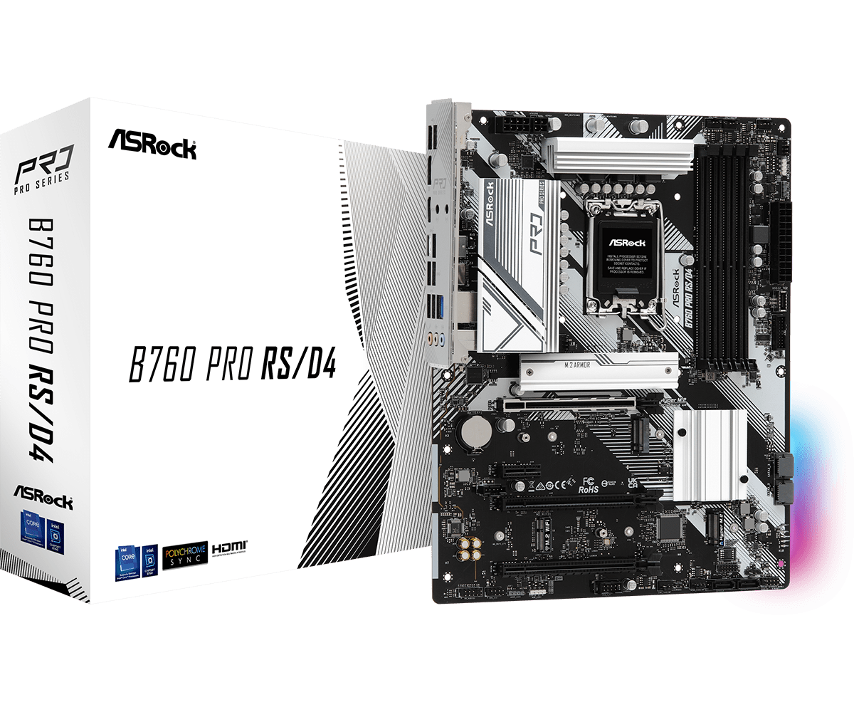 ASRock B760 Pro RS/D4 Supports 13th Gen & 12th Gen and next gen Intel® Core™ Processors (LGA1700) and DDR4 5333MHz (OC)