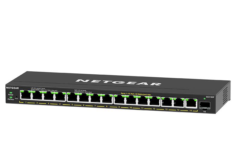 NETGEAR 16-Port PoE+ Gigabit Ethernet Plus Switch (180W) with 1 SFP Port (GS316EP-100PES)