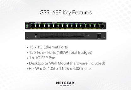 NETGEAR 16-Port PoE+ Gigabit Ethernet Plus Switch (180W) with 1 SFP Port (GS316EP-100PES)