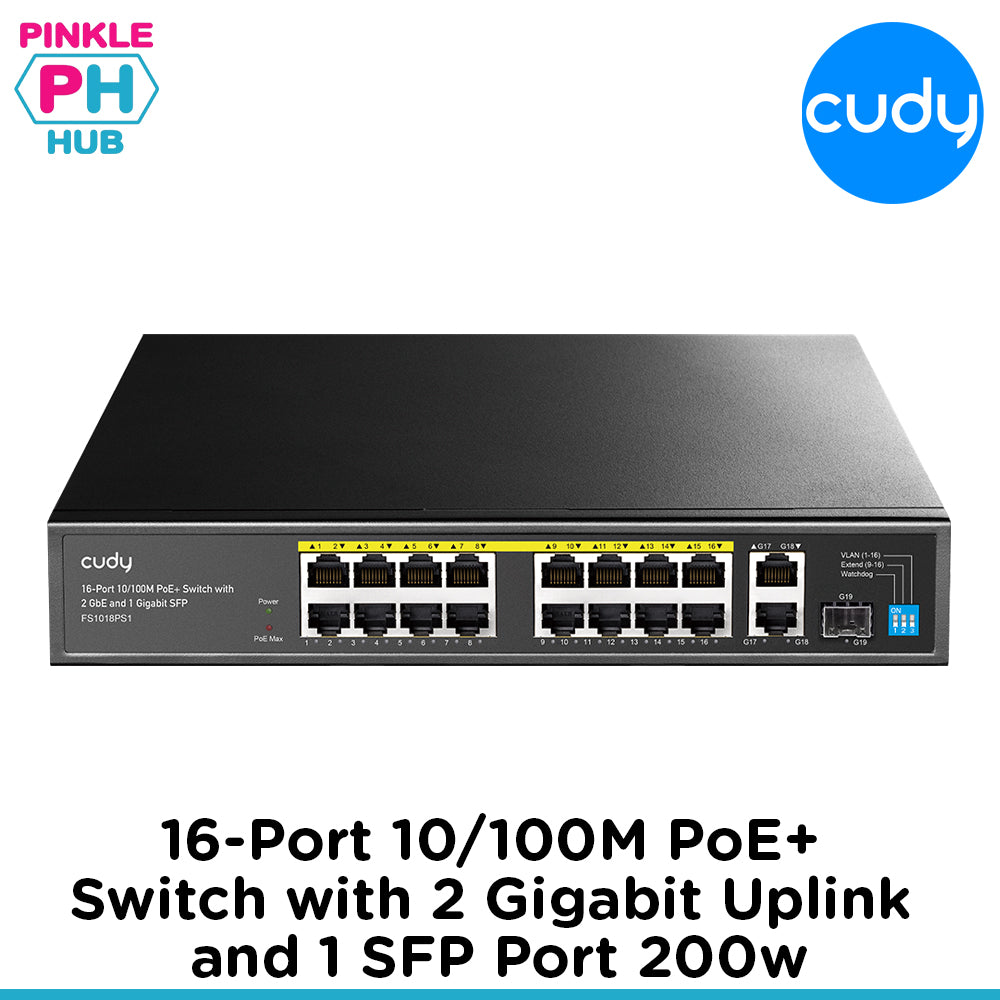 Cudy 16-Port 10/100M PoE+ Switch with 2 Gigabit Uplink and 1 SFP Port 200w