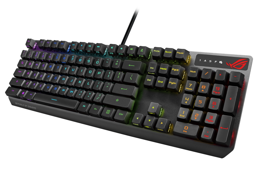 ASUS ROG Strix Scope RX optical RGB gaming keyboard for FPS gamers, with ROG RX Optical Mechanical Switches, all-round Aura Sync RGB illumination, IP56 water and dust resistance, USB 2.0 passthrough, and alloy top plate