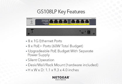 NETGEAR 8-Port Gigabit Ethernet PoE+ Unmanaged Switch with FlexPoE 60W (GS108LP-100AJS)