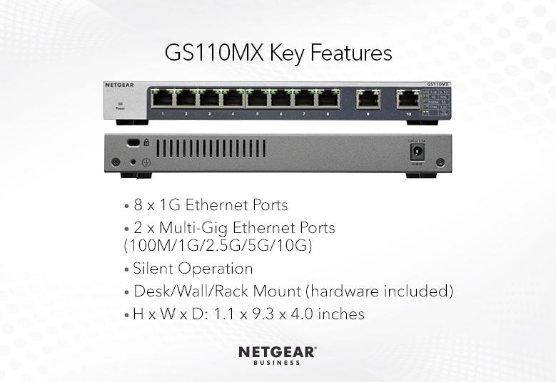 NETGEAR 8-Port Gigabit Ethernet Unmanaged Switch with 2-Port 5-Speed 10-Gigabit/Multi-Gigabit (GS110MX-100PES)