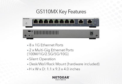 NETGEAR 8-Port Gigabit Ethernet Unmanaged Switch with 2-Port 5-Speed 10-Gigabit/Multi-Gigabit (GS110MX-100PES)