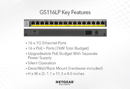 NETGEAR 16-Port Gigabit Ethernet Unmanaged PoE+ Switch with FlexPoE 76W (GS116LP-100AJS)