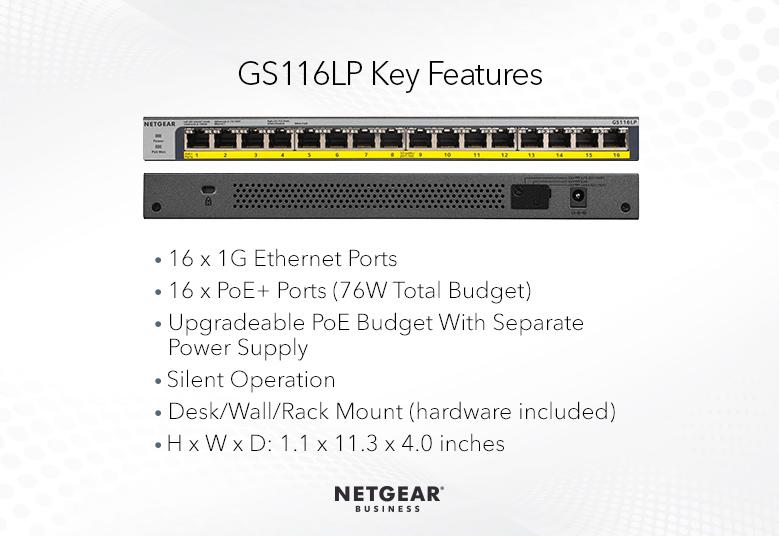 NETGEAR GS116LP 16-Port Gigabit Ethernet Unmanaged PoE+ Switch with FlexPoE - 76W (GS116LP-100EUS)