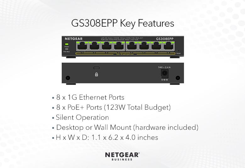 NETGEAR 8-Port PoE+ Gigabit Ethernet Plus Switch 123W (GS308EPP-100NAS1)