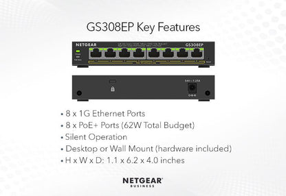 NETGEAR 8-Port PoE+ Gigabit Ethernet Plus Switch 62W (GS308EP-100UKS)