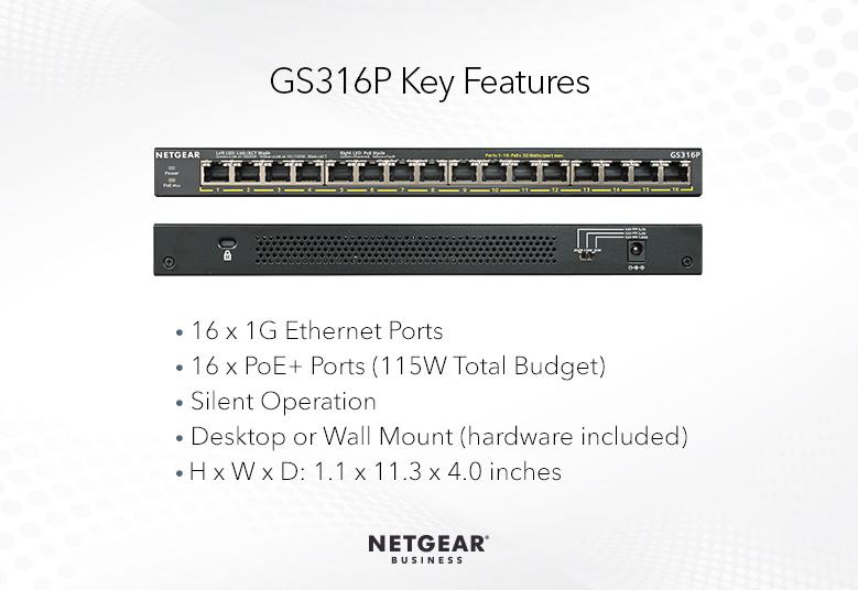 NETGEAR 300 Series 16 Port Gigabit Unmanaged PoE Plus Switch with Flex PoE 115W (GS316P-100EUS)