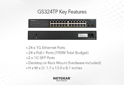 NETGEAR S350 Smart Switches 24-Port Gigabit Ethernet PoE+ Smart Switch with 2 Dedicated SFP Ports 180W (GS324TP-100AJS)