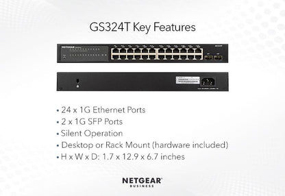 NETGEAR 24-Port Gigabit Ethernet Smart Switch with 2 Dedicated SFP Ports (GS324T-100EUS)