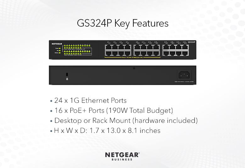 NETGEAR 24-Port Gigabit Ethernet Unmanaged Switch with 16-Ports PoE+ 190W (GS324P-100EUS / GS324P-100AJS)